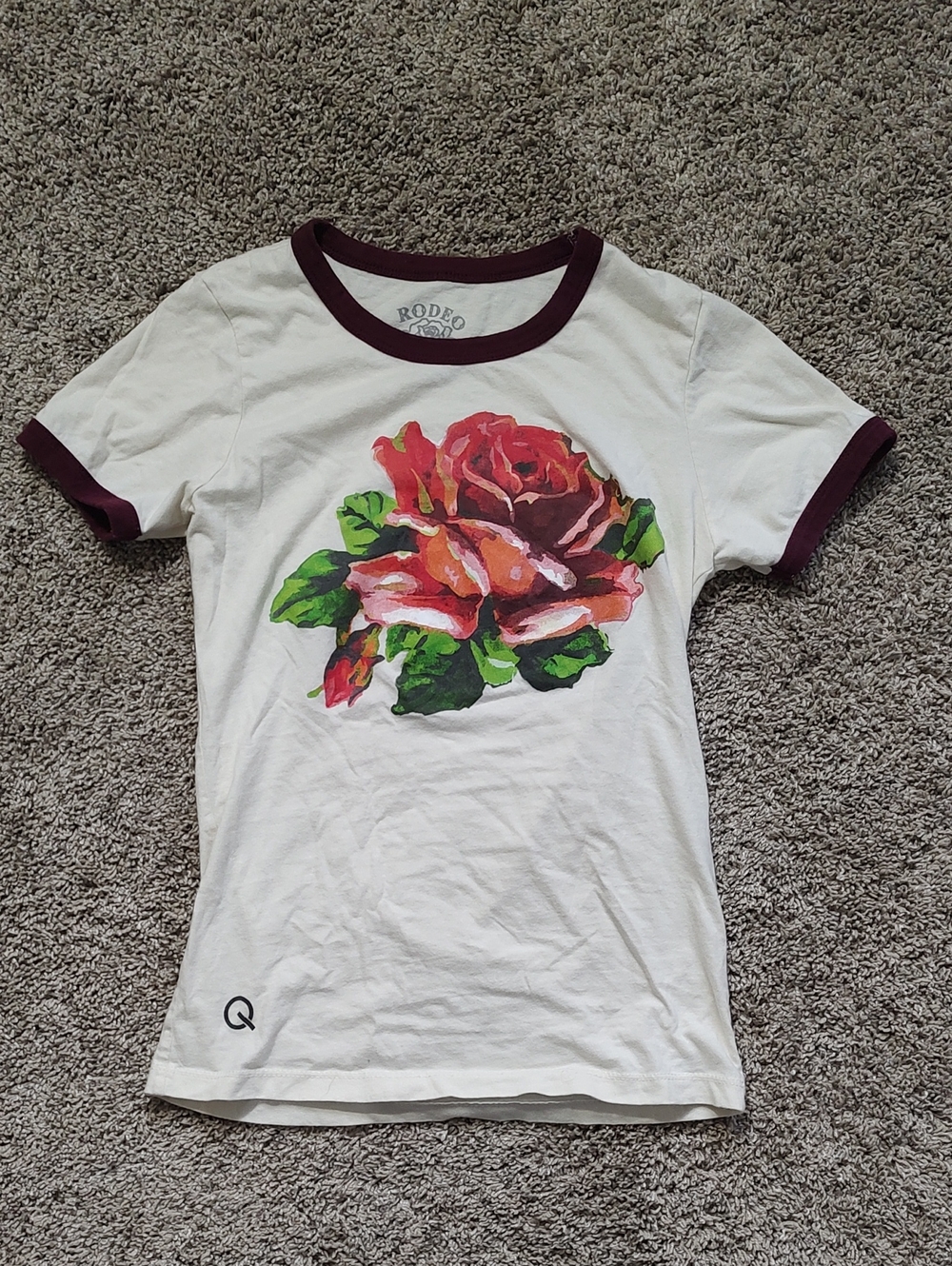 Rodeo Quincy Rose Graphic Ringer Tee - White with Burgundy Trim
